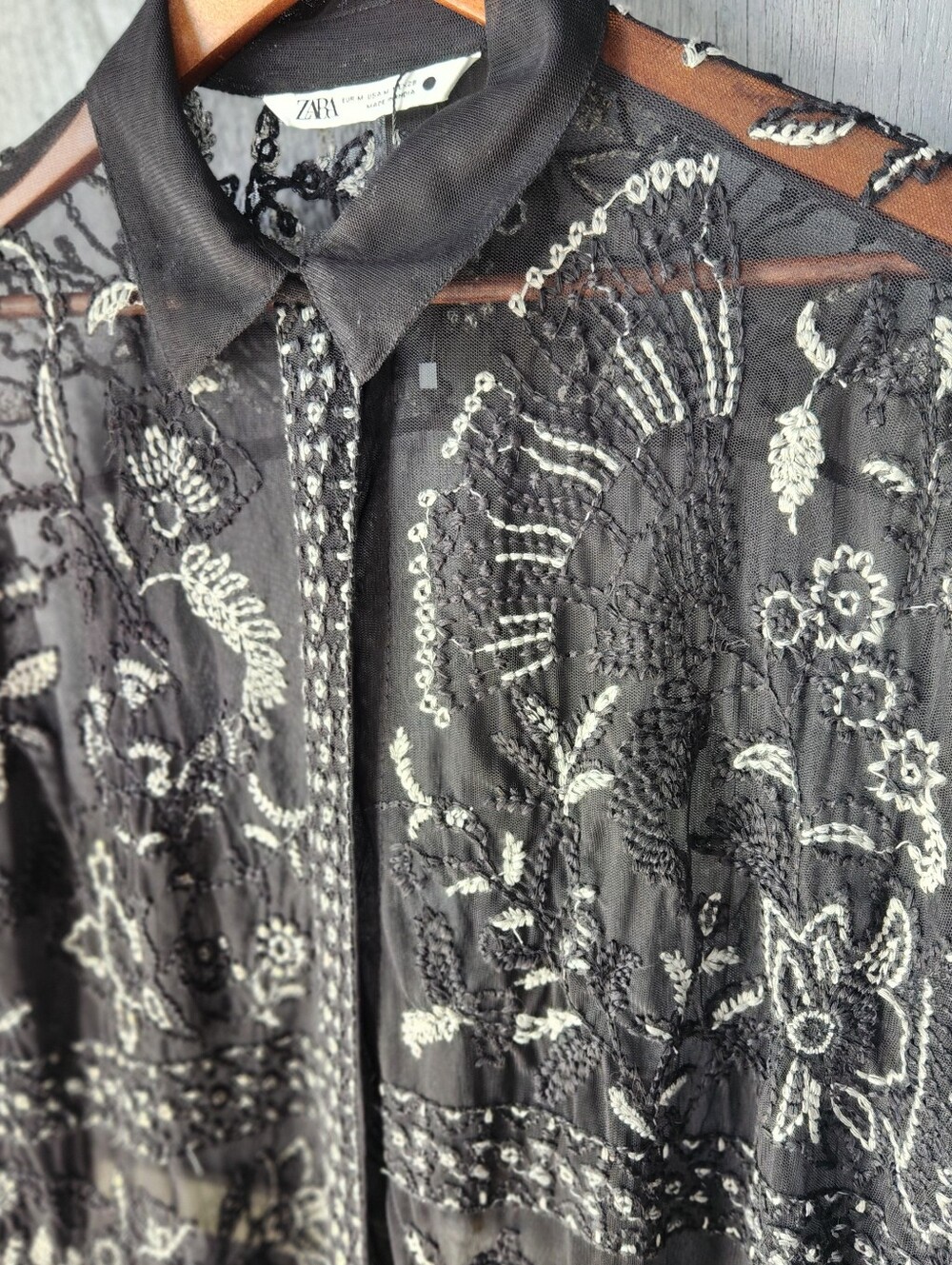 Zara Embroidered Sheer Maxi Length Top Womens M Black Whimsy Goth Button Up - Picture 3 of 16
